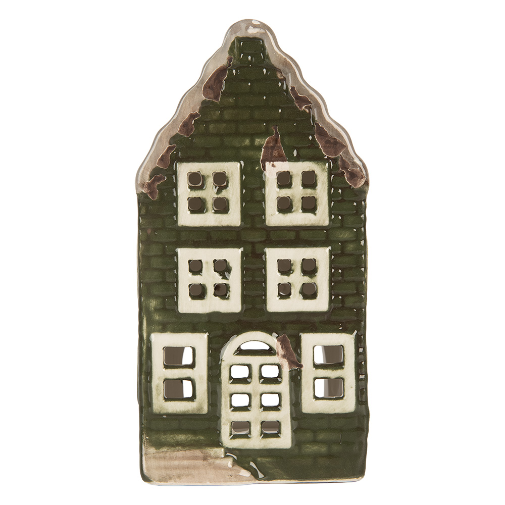 Clayre & Eef   | Theelichthouder Kerst Huisje Groen Grijs 7x7x14 cm | 6CE2301