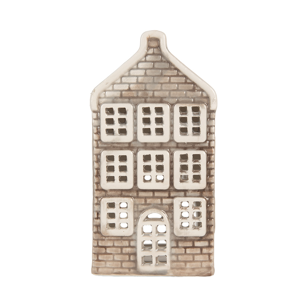 Clayre & Eef   | Theelichthouder Kerst Huisje Grijs Oranje 7x7x14 cm | 6CE2304
