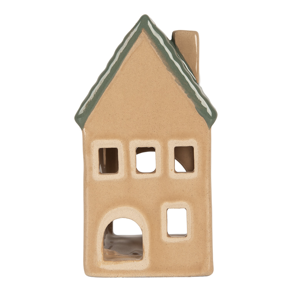 Clayre & Eef   | Theelichthouder Kerst Huisje Beige Groen 6x6x11 cm | 6CE2307