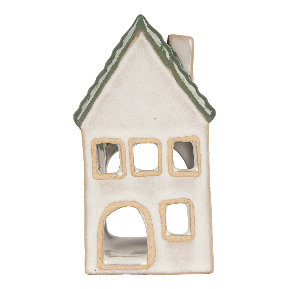 Clayre & Eef   | Theelichthouder Kerst Huisje Grijs Groen 7x7x13 cm | 6CE2308