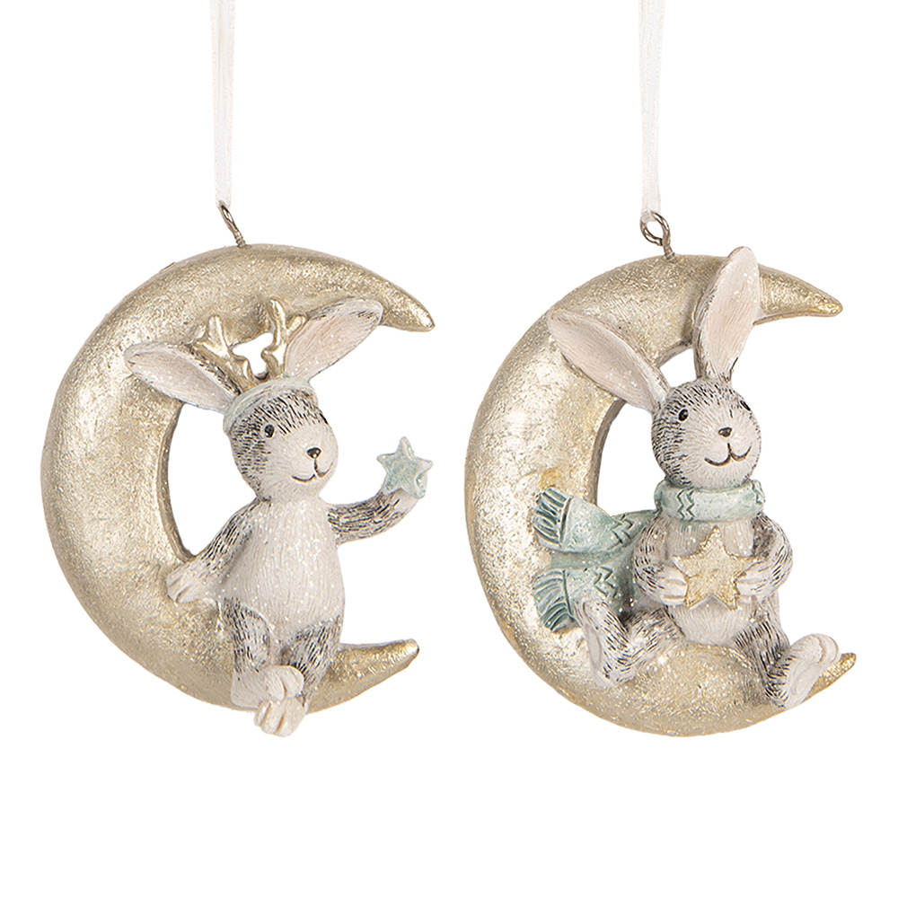 Clayre & Eef   | Decoratie Hanger Konijnen (set 2) Grijs Goudkleurig 7x3x8 cm | 6PR5890