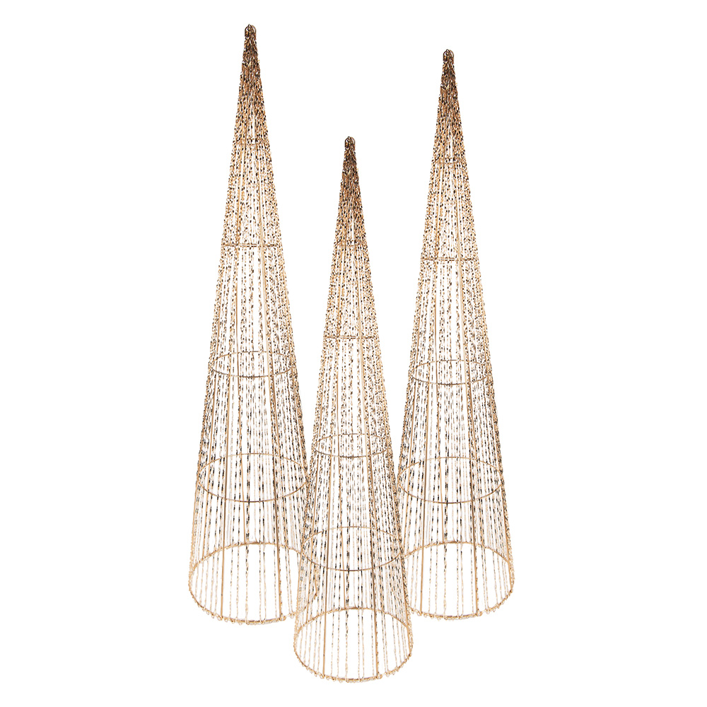 Clayre & Eef   | Decoratie kegel met LED (set van 3) Goudkleurig ø 20x80/16x60/11x40 cm / 7xAA | 50828