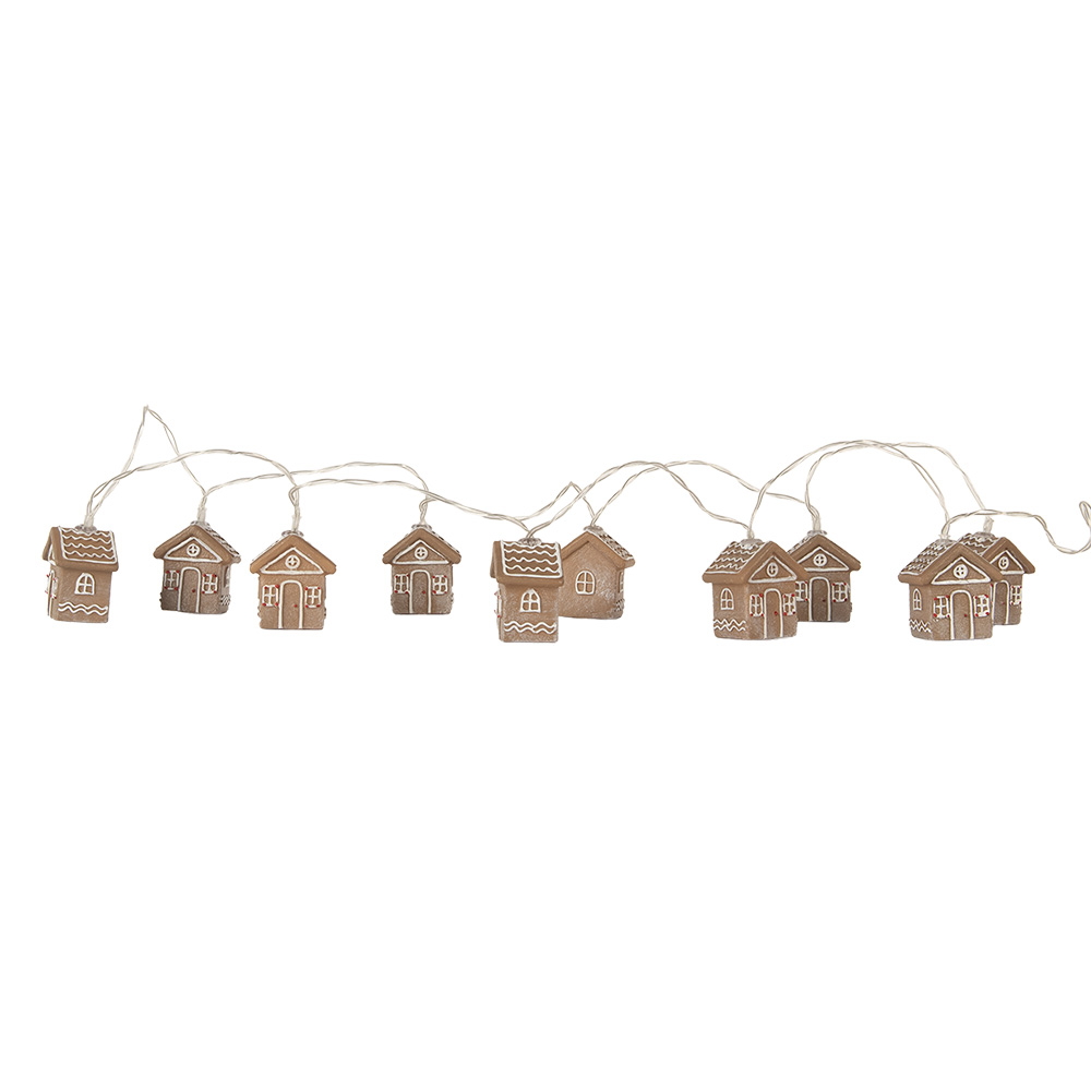 Clayre & Eef   | Decoratie lichtsnoer huisjes 10 lampjes LED Bruin Wit 150 cm / 2xAA | 6LMP817