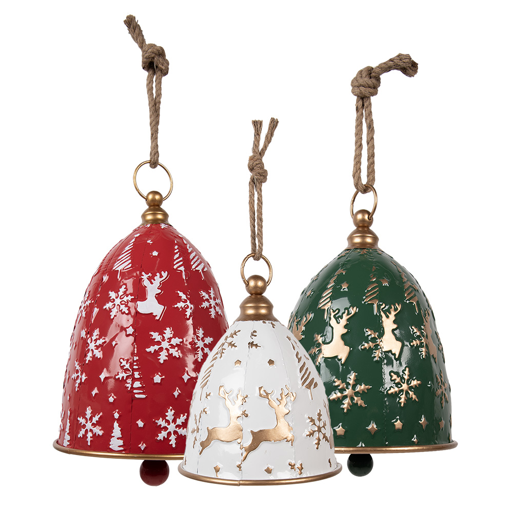 Clayre & Eef   | Bellen Decoratief (set van 3) Rood Groen Wit &oslash; 32x43 / &oslash; 28x35 / &oslash; 23x28 cm | 6Y5918