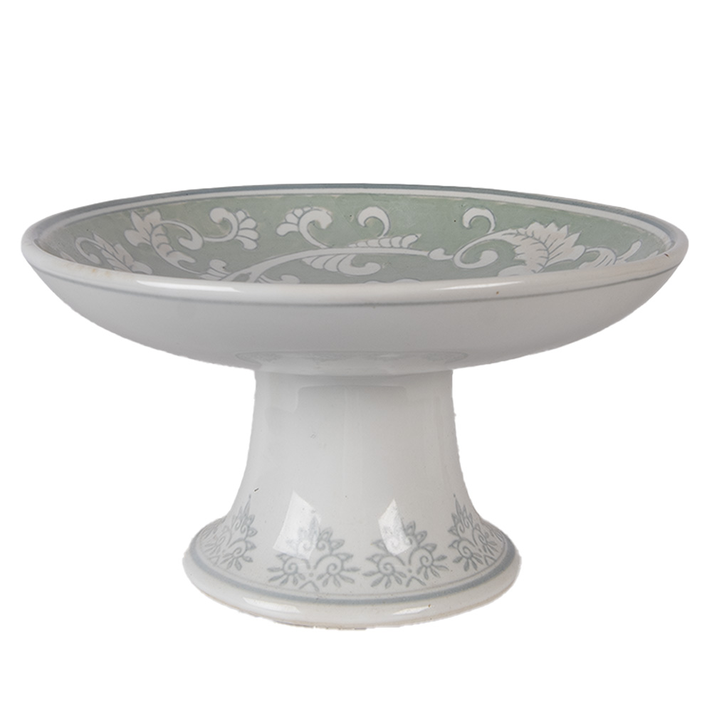 Clayre & Eef   | Taartplateau op voet Wit Groen &oslash; 21x11 cm | 6CE2380