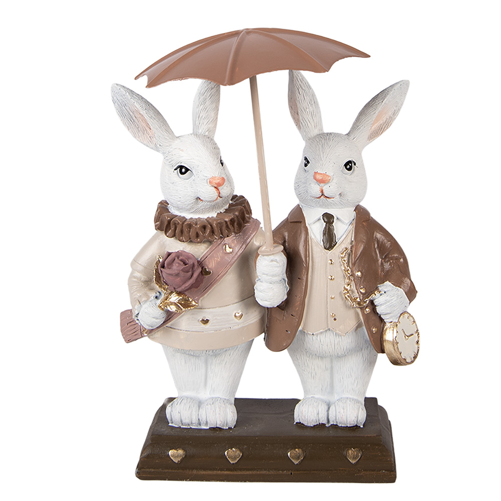 Clayre & Eef   | Decoratie Konijnen met paraplu Wit Bruin 13x6x16 cm | 6PR5972