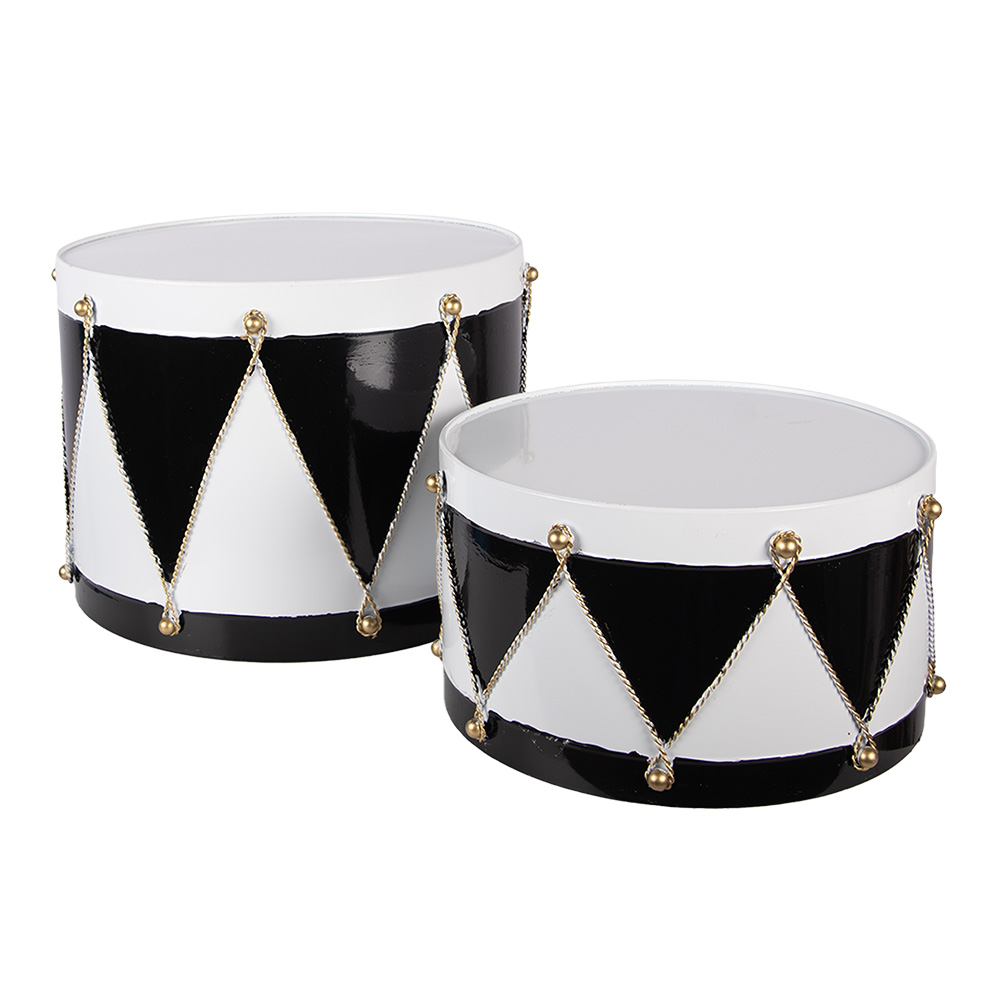 Clayre & Eef   | Decoratie Trommel Wit Zwart (set 2) &oslash; 37x26 / &oslash; 32x17 cm | 6Y5989