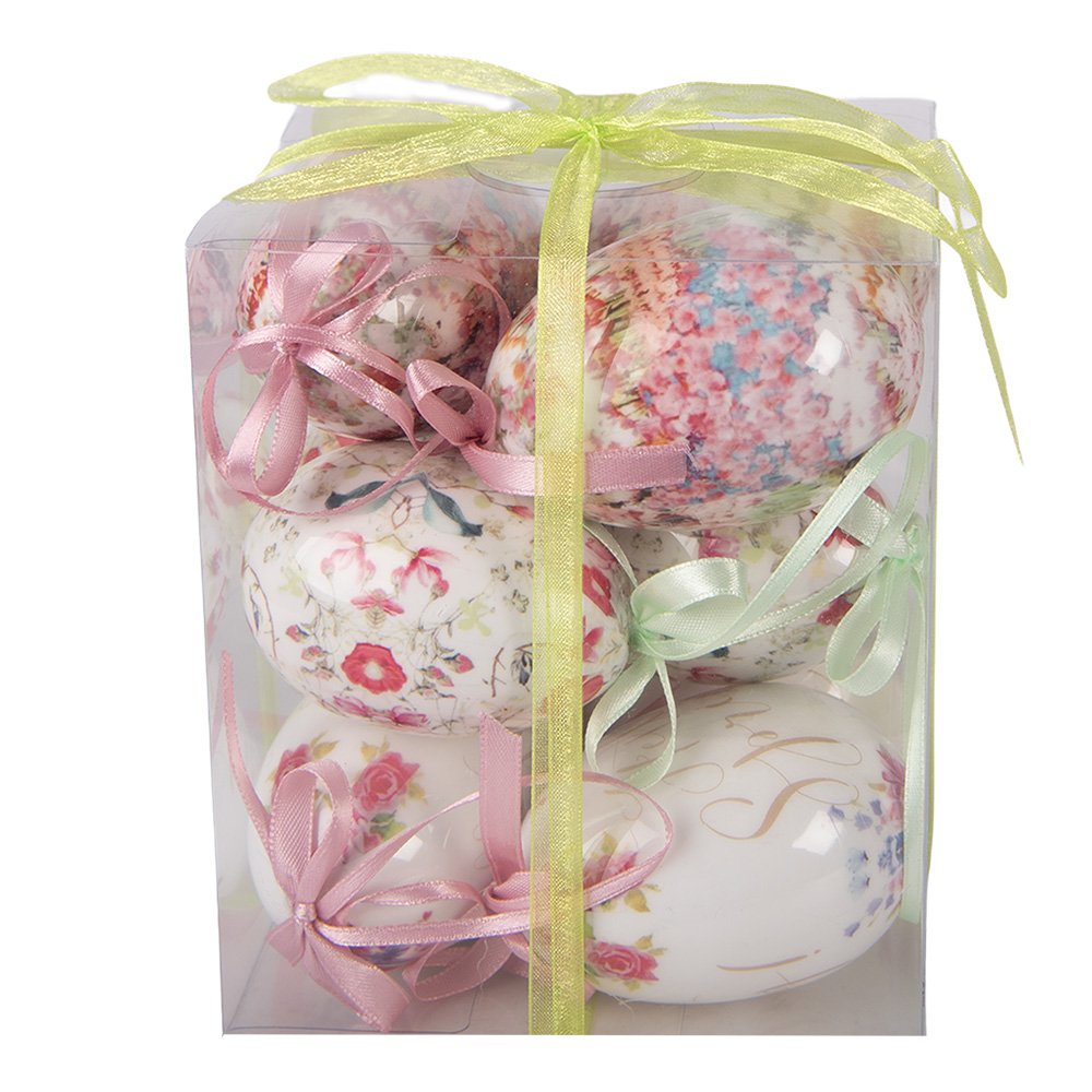 Clayre & Eef   | Decoratie Hanger Ei (set 9) Wit Roze &oslash; 5x8 cm | 66445