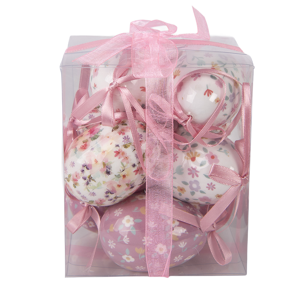 Clayre & Eef   | Decoratie Hanger Ei (set 9) Wit Roze &oslash; 5x8 cm | 66451