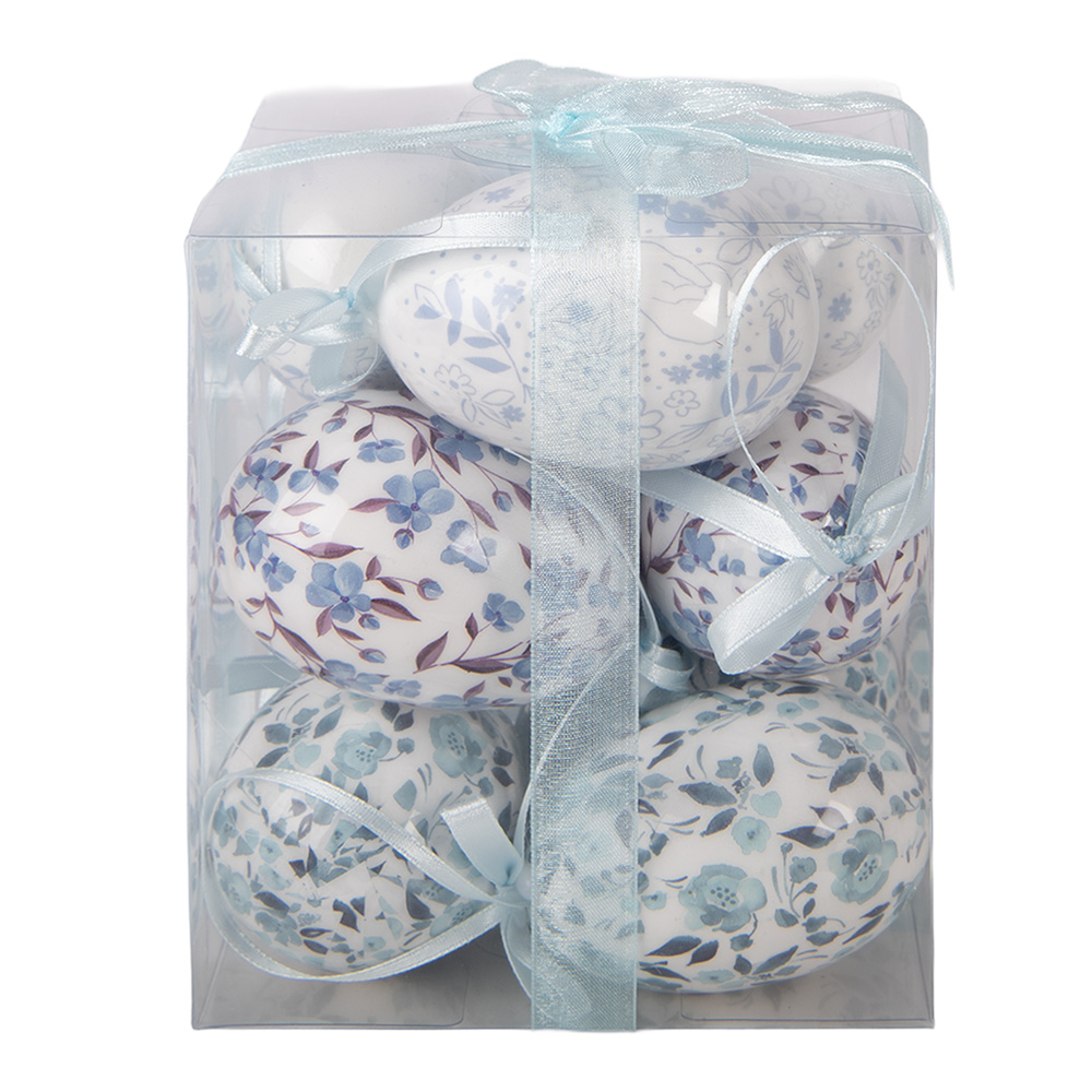 Clayre & Eef   | Decoratie Hanger Ei (set 9) Wit Blauw &oslash; 5x8 cm | 66452