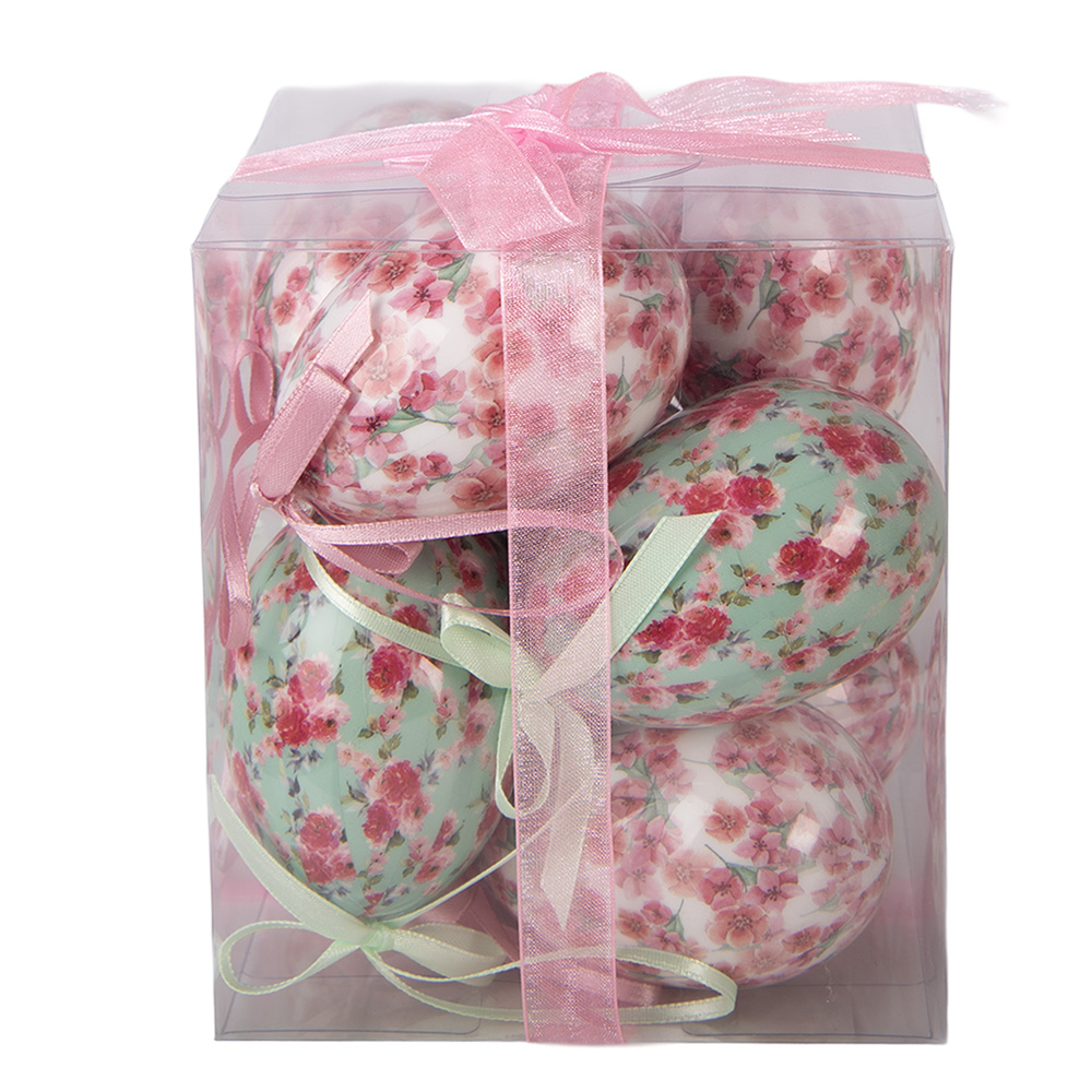 Clayre & Eef   | Decoratie Hanger Ei (set 9) Wit Roze &oslash; 5x8 cm | 66453