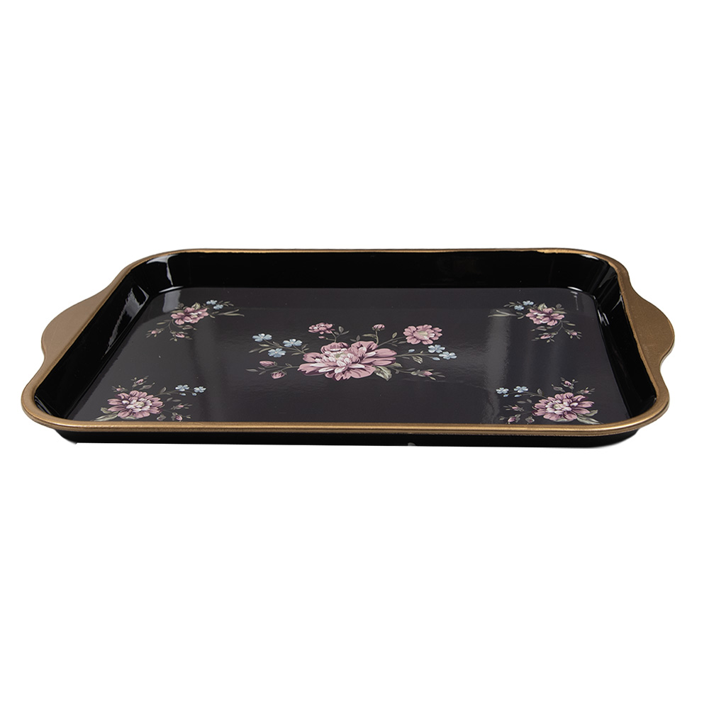 Clayre & Eef   | Decoratief Dienblad Zwart Roze 38x27x2 cm | 66438