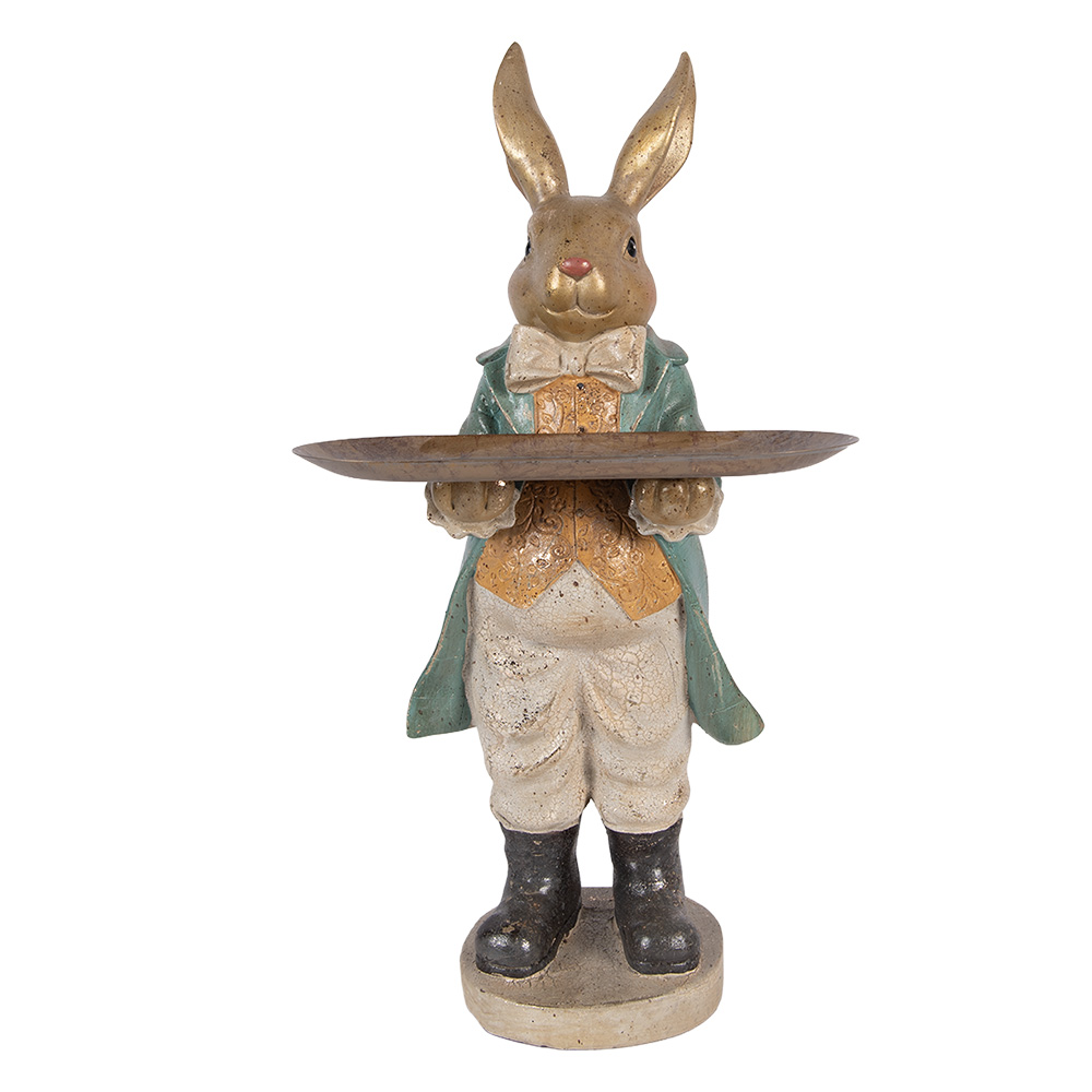 Clayre & Eef   | Decoratie Konijn met schaal Goudkleurig Blauw 20x23x46 cm | 6PR5987