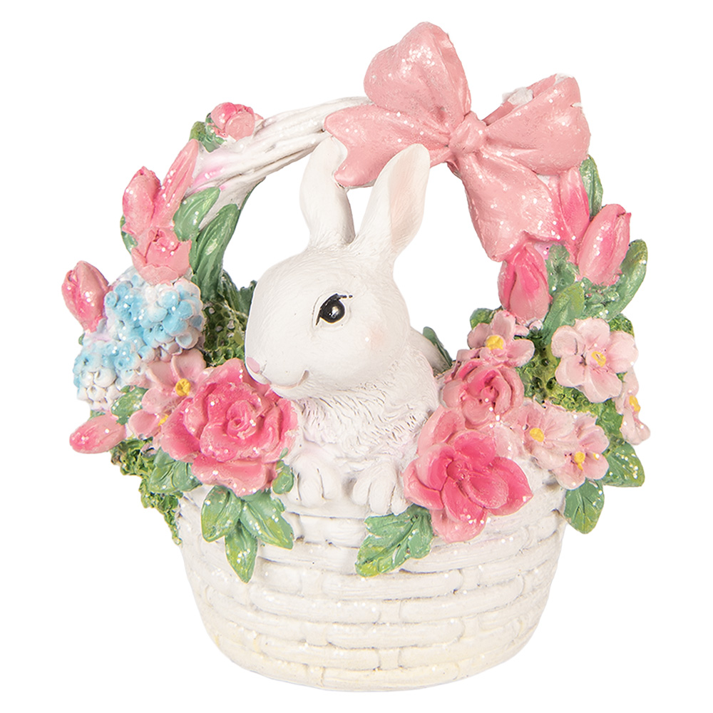 Clayre & Eef   | Decoratie Konijn in mandje Wit Roze 15x9x16 cm | 6PR6068