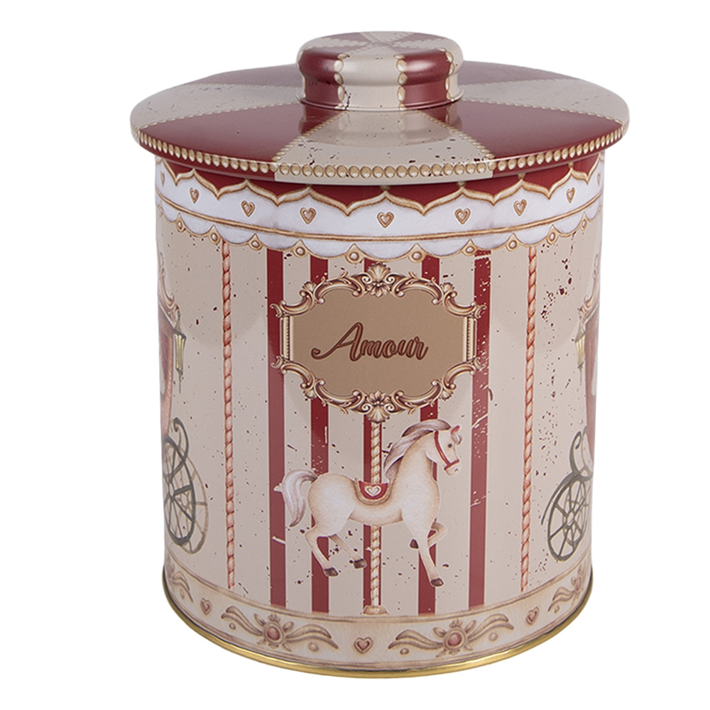 Clayre & Eef   | Blikken Bewaardoos Beige Rood &oslash; 15x17 cm | 6BL0194