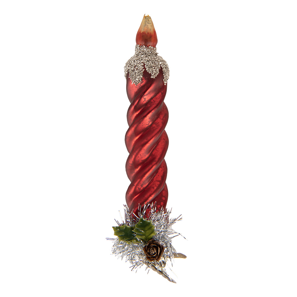 Clayre & Eef   | Knijper kerstornament kaars Rood Zilverkleurig 3x3x16 cm | 6GL5429