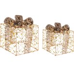 Dekoratief | Set 2 cadeautjes, goud/glitter, rotan, LED, 15x10x20cm | A225049 Dekoratief | Set 2 cadeautjes, goud/glitter, rotan, LED, 15x10x20cm | A225049