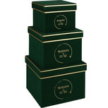 Dekoratief | Set 3 dozen vierkant, 'Maison De Luxe', groen, 18x18x14cm | A225889 Dekoratief | Set 3 dozen vierkant, 'Maison De Luxe', groen, 18x18x14cm | A225889