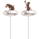 Dekoratief | Stick m/poes 'Welcome', roest, metaal, 52x17cm, set van 2 stuks | A240543 Dekoratief | Stick m/poes 'Welcome', roest, metaal, 52x17cm, set van 2 stuks | A240543