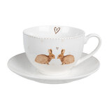 Clayre & Eef | Kop en schotel Wit Bruin 12x9x6 cm / ø 14x2 cm / 250 ml | BSLCKS Clayre & Eef | Kop en schotel Wit Bruin 12x9x6 cm / ø 14x2 cm / 250 ml | BSLCKS