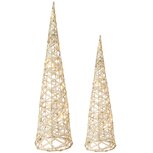 Dekoratief | Set 2 Kegel vorm, wit/goud, rotan, LED, 16x16x60cm | A245862