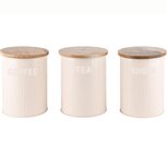 Dekoratief | Bewaarpot 'Coffee/Tea/Sugar', wit, hout/metaal, 11x11x15cm, set van 3 stuks | A248222 Dekoratief | Bewaarpot 'Coffee/Tea/Sugar', wit, hout/metaal, 11x11x15cm, set van 3 stuks | A248222