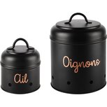 Dekoratief | Set 2 bewaarpotten 'Oignons/Ail', zwart, metaal, 16x16x18cm | A248230 Dekoratief | Set 2 bewaarpotten 'Oignons/Ail', zwart, metaal, 16x16x18cm | A248230