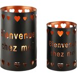 Dekoratief | Set 2 Waxinelichthouders 'Bienvenue Chez Moi', zwart/koper, metaal, 13x13x20cm | A248264 Dekoratief | Set 2 Waxinelichthouders 'Bienvenue Chez Moi', zwart/koper, metaal, 13x13x20cm | A248264