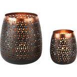 Dekoratief | Set 2 windlichten 'Dotted', zwart/koper, metaal, 18x18x20cm | A248273 Dekoratief | Set 2 windlichten 'Dotted', zwart/koper, metaal, 18x18x20cm | A248273