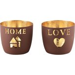 Dekoratief | Theelichthouder 'Home/Love', bruin, aluminium, 10x10x9cm, set van 2 stuks | A248475 Dekoratief | Theelichthouder 'Home/Love', bruin, aluminium, 10x10x9cm, set van 2 stuks | A248475