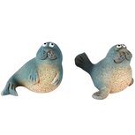 Dekoratief | Zeehondje naturel/blauw, keramiek, 10x7x9cm, set van 2 stuks | A250196