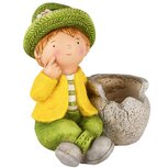 Dekoratief | Jongen zittend m/bloempot, geel/groen, magnesium, 26x21x30cm | A250767
