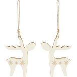 Dekoratief | Hanger rendier m/sneeuwvlokje, wit/goud, hout, 15x11x2cm, set van 2 stuks | A258270